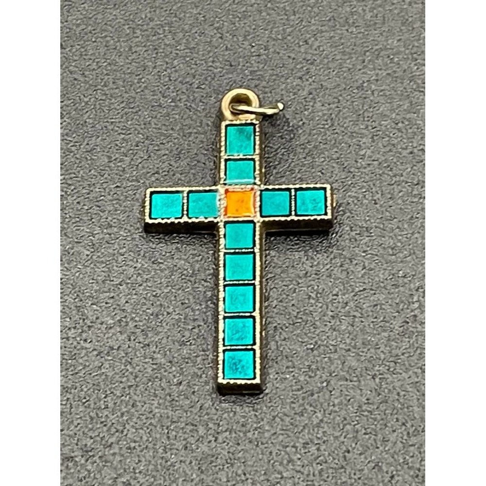 Blue Enamels Gold Tone Cross Pendant Length 1.25 Inches